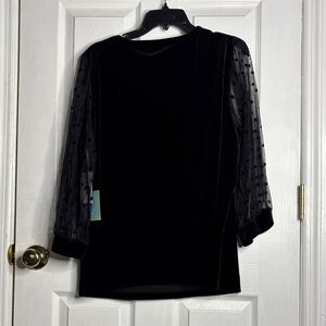 CeCe Black Blouse with Sheer Polka Dot Sleeves